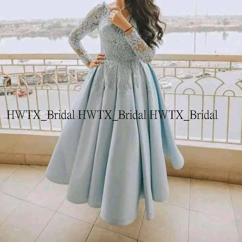 HWTX_Bridal кружевные платья с длинным рукавом для выпускного вечера длинного размера плюс А-силуэта с v-образным вырезом атласные женские Вечерние Платья Vestidos de fiesta