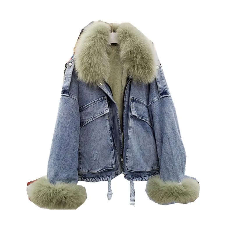 Джинсовые женские зимние куртки с воротником из натурального Лисьего меха, Свободное пальто, короткое пальто с мехом, джинсы со съемным кроличьим мехом, толстая верхняя одежда