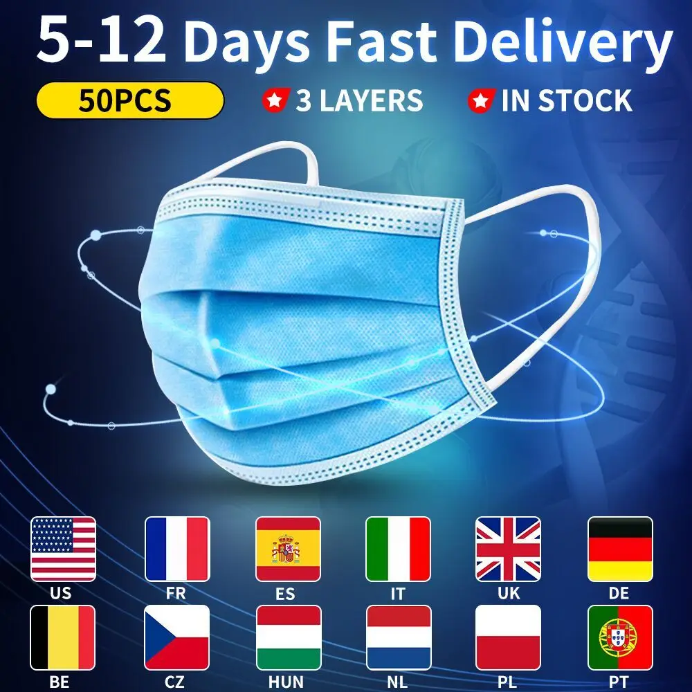 

50pcs 3 Layers Mouth Mask dust protection Face Masks Disposable Dust Filter Safety Mask Earloop Face Masks