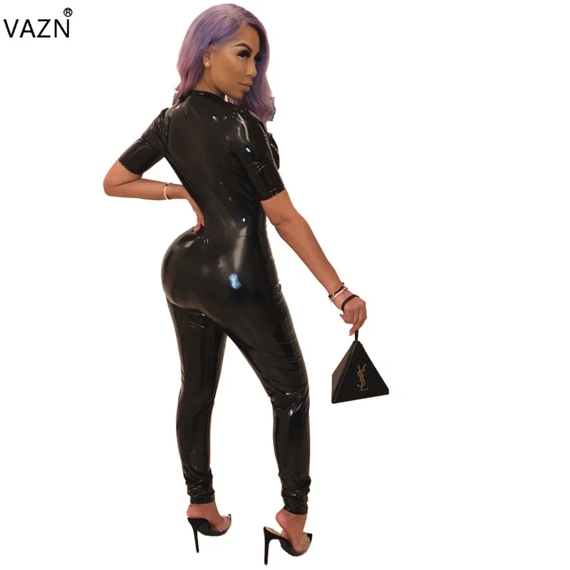 VAZN Autumn Hot Fashion Women Patent Leather Jumpsuits Solid Short Sleeve Jumpsuits Ladies Deep V-Neck long Romper OSM4517