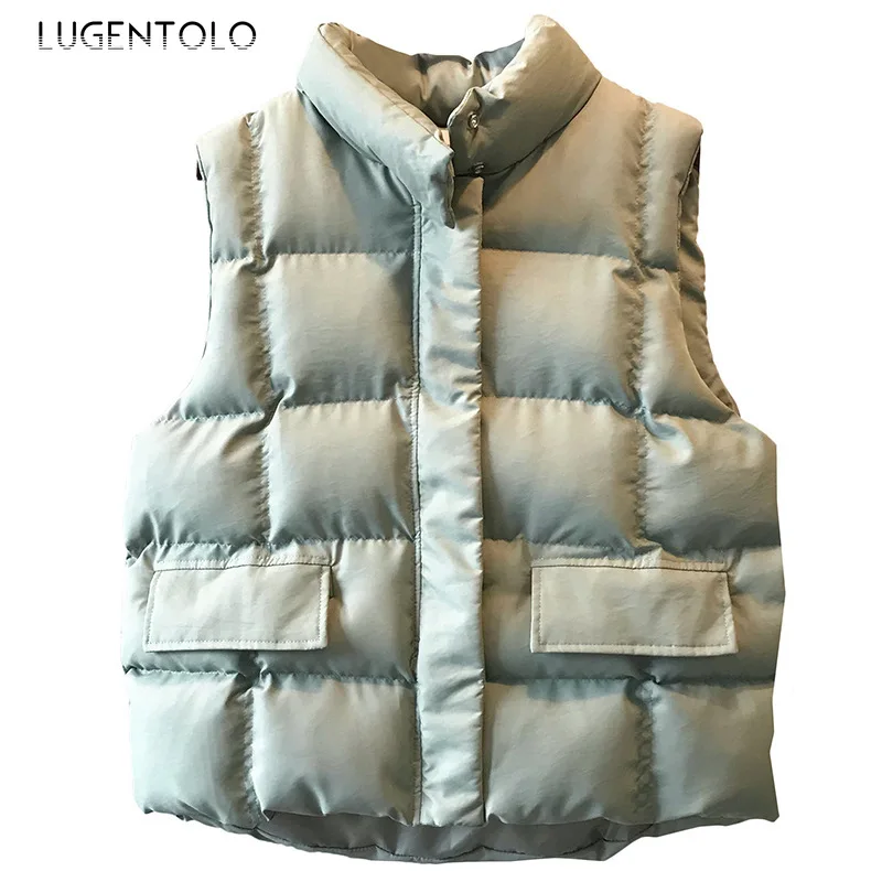 Lugentolo, женский жилет, зимнее теплое пальто, свободное, корейское, простое, без рукавов, однотонное, повседневное, маленький, стоячий воротник, модные куртки, жилеты