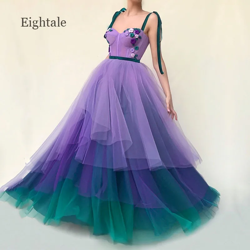 

Purple Evening Dresses Spaghetti Strap Sweetheart Handmade Flowers A-Line Tulle Arabic Prom Gown Party Dress for Graduation