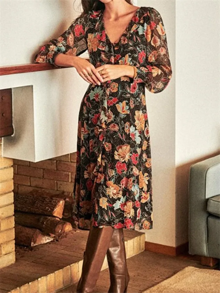 

Spring Summer 2020 Women New V Neck Silk Dress Vintage Print Lace Hem Midi Dress