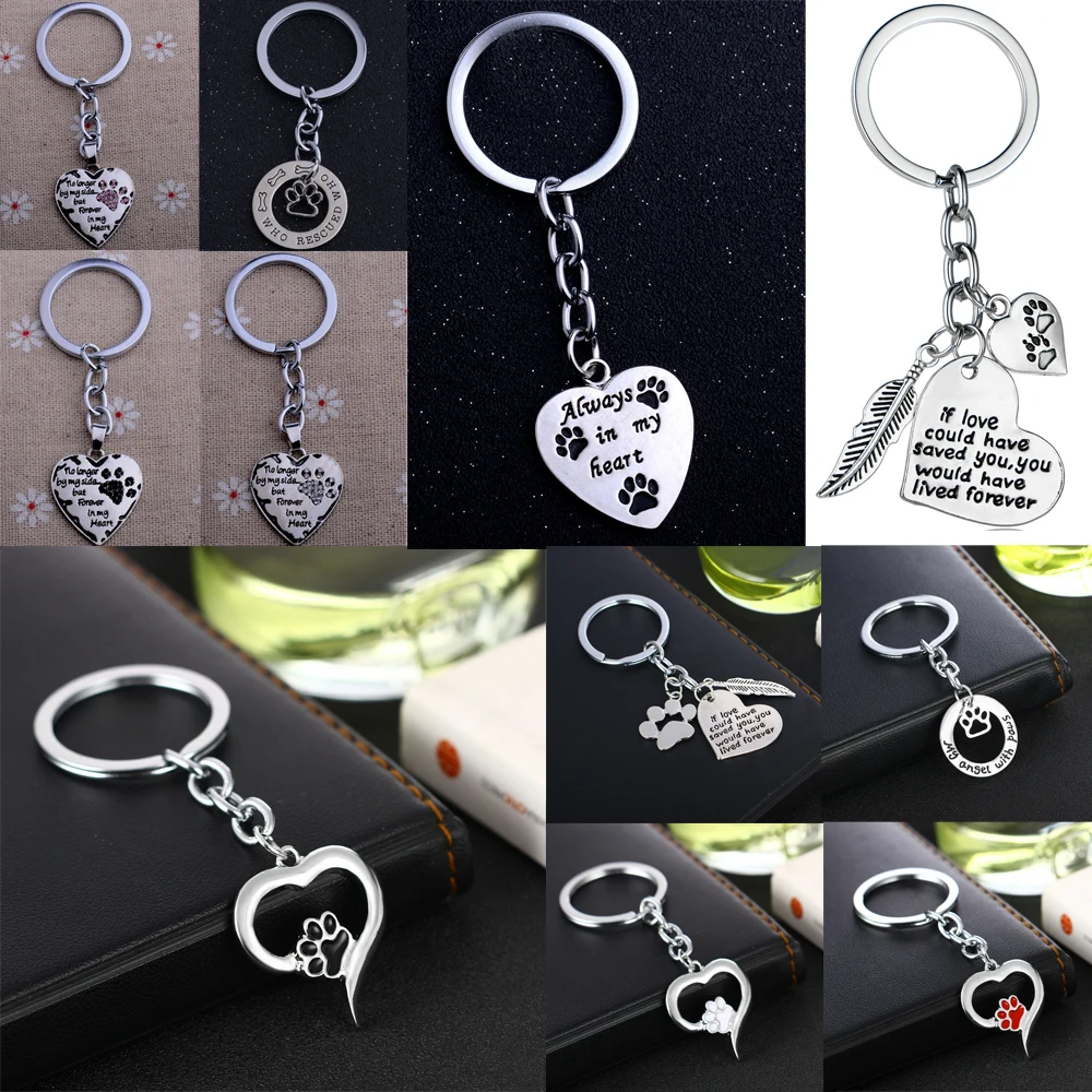 

Hollow Heart Crystal Dog Cat Paw Footprint Leaf Pendant Keyring Keychain Pet Memorial Love Family Friends Charm Jewelry Gifts