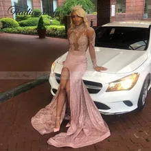 Шикарное розовое платье-русалка в африканском стиле с длинным рукавом, платья для выпускного вечера с разрезом, Прозрачное платье с открытой спиной, полуофициальное вечернее платье, выпускные платья