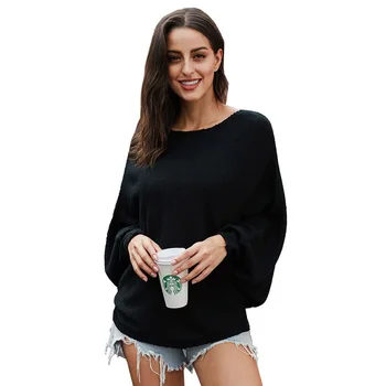 

Womens hot sale autumn winter round neck pullover knit wild long-sleeved loose bat sleeve lady Sweater