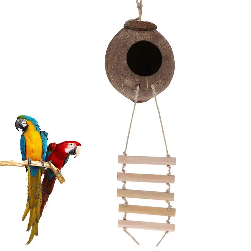 

Bird Cage Natural Coconut Shell Parrot Nest Natural Coconut Shell Bird Parrot Nest House With Ladder Pet Bird Parrot Toy