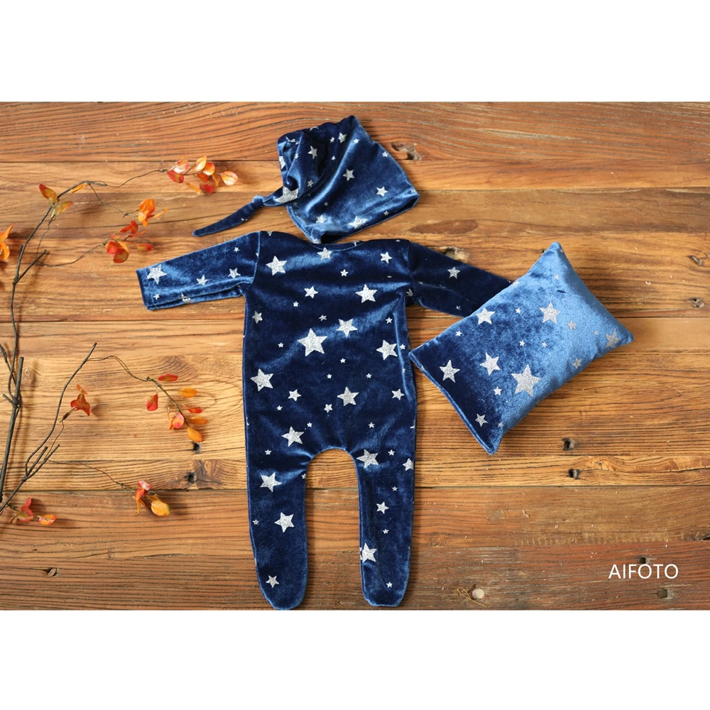 Newborn Photography Props Stars Elasticity Rompers Clothes Hat Set for Baby Boy Photo Shoot Posing Pillow Props bebe Accessories newborn wrap photography props baby girl boy bear hat pillow set photo shoot accessories bebe fotografia infant shoot wrap prop