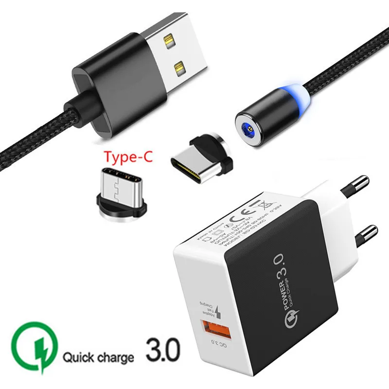 EU charger and cable Huawei P20 lite mate 30 20 10 Pro Nova 6 SE Магнитный зарядный кабель type C QC 3,0 USB быстрое зарядное устройство для samsung A70 Redmi Note 7 8 - Тип штекера: EU charger and cable