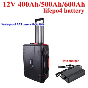 

waterproof 12V 500AH Lifepo4 battery lithium BMS with wheel trolley case for boat Solar System golf cart EV UPS +20A Charger