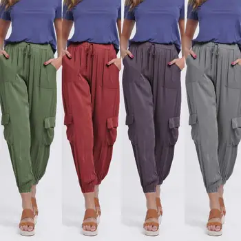 

Casual Pants Women Multi-pocket Ankle Tied Loose Drawstring Sport Cargo Pants Trousers
