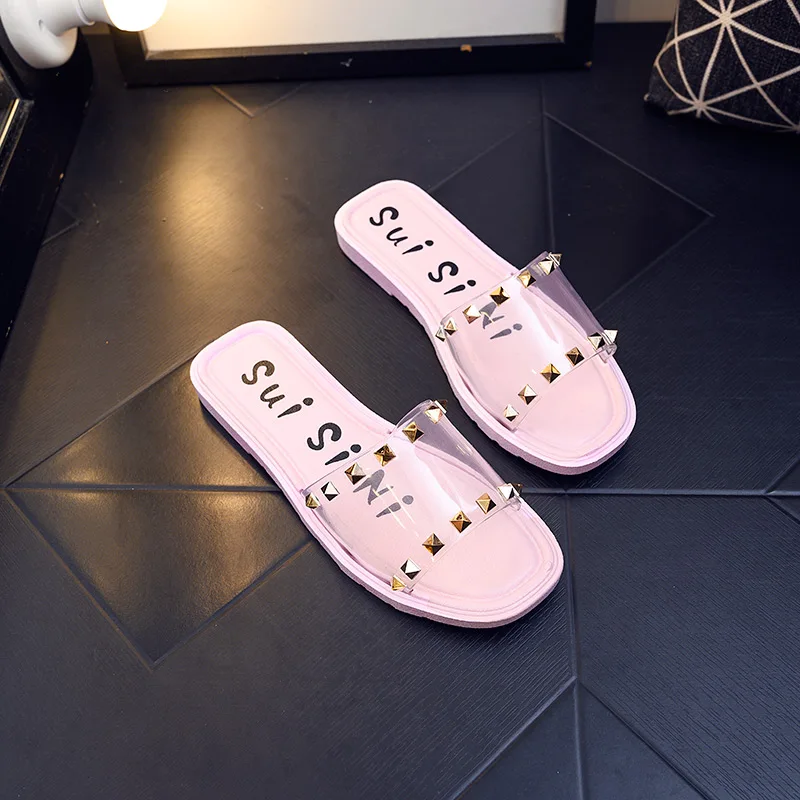 Pink Small one size Летние женские прозрачные туфли с заклепками и надписями; фирменные босоножки на низком каблуке; пляжные дизайнерские женские Вьетнамки с открытым носком; повседневная обувь - Цвет: Pink Small one size
