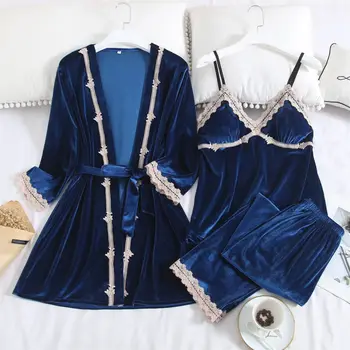 

2020 Autumn New 3PCS Pajamas Suit Velvet Nightwear Intimate Lingerie Women Velour Home Clothing Nightwear Casual Homewear