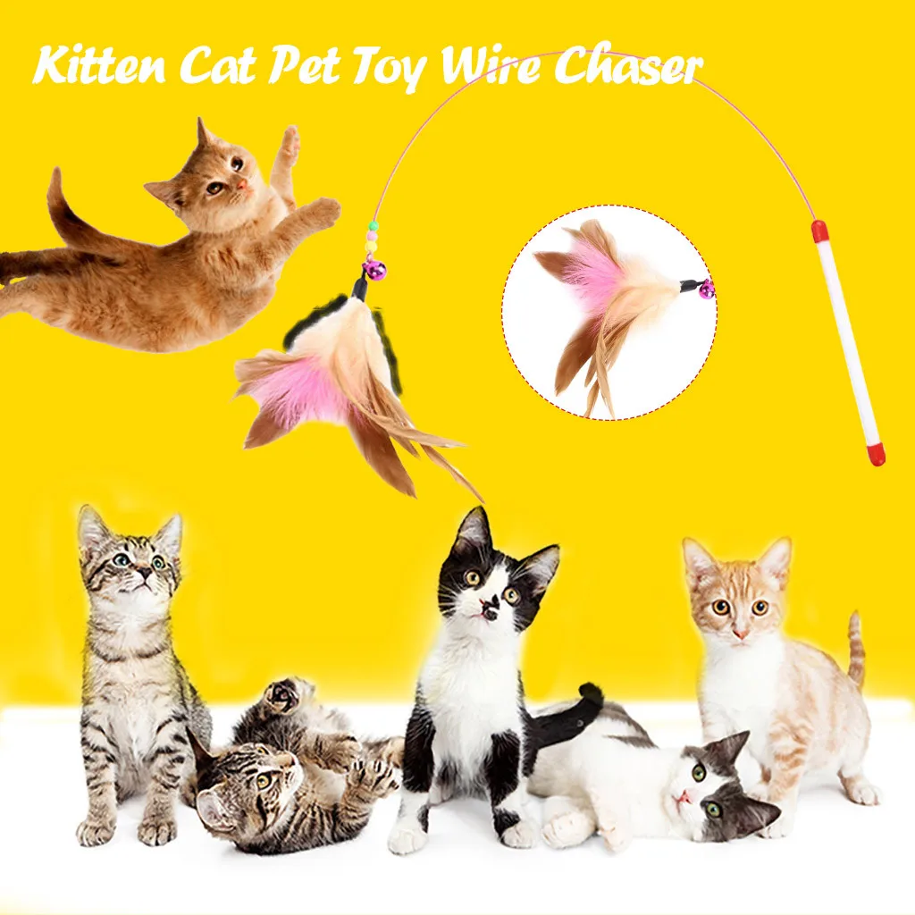Funny cat feather hanging bell stick Toy Wire Chaser Fun Cat Feather Dangler Bell Wand Teaser Rod Play Pet Game Toys#yl