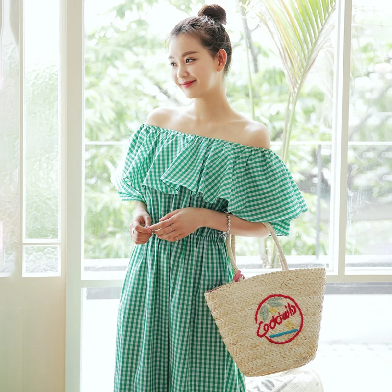 CHICEVER Elegant Plaid Dress For Women Off Shoulder Slash Neck Short Sleeve High Waist Ruffles Midi Dresses Female Summer
