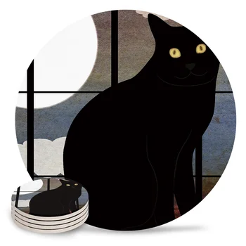 

Animal Black Cat Cartoon Placemat Ceramic Drink Coasters Table Decoration Absorbent Moisture