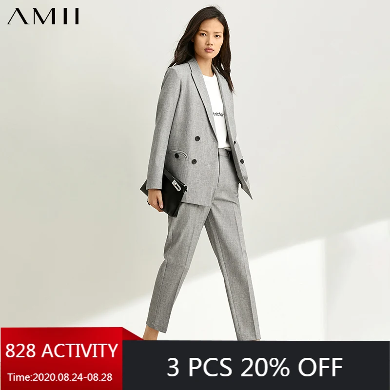 AMII Minimalism Autumn Suit Set OLstyle Lapel Double Breasted Gray Women Suit Coat High Waist Solid Ankel Length Pants 12070512 AMII Minimalism Autumn Suit Set OLstyle Lapel Double Breasted Gray Women Suit Coat High Waist Solid Ankel Length Pants 12070512