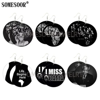 

SOMESOOR Black History Man Women Printed Wooden Drop Earrings AKA American African Heros Obama Mandela Melanin Female Wood Loops