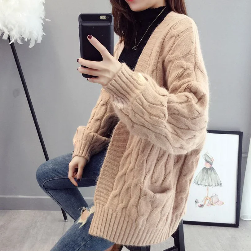 

Taotrees Spring Autumn Lady Solid Color V-neck Long Sleeve Bishop Sleeve Loose Knit Cardigan Sweater