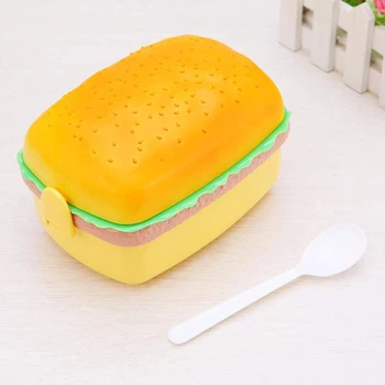 

New Cute Hamburger Double Tier Lunch Box Burger Box Bent Lunchbox Children School Food Container Tableware Set With Fork Kids