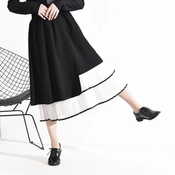 

Spring 2020 Women New Style Temperament Black Ruffles Patchwork Chiffon Pleated Skirt Loose High Elastic Waist Skirt Big Size