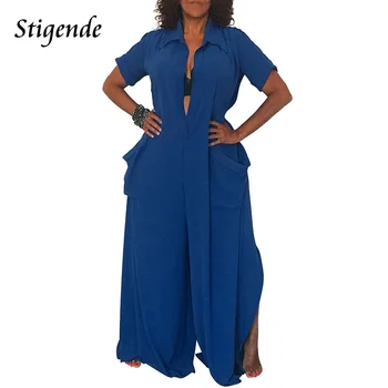 

Stigende Women Summer Short Sleeve Wide Leg Jumpsuit Turn Down Collar Sexy High Split Jumpsuit Button Pocket Casual Jumpsuit