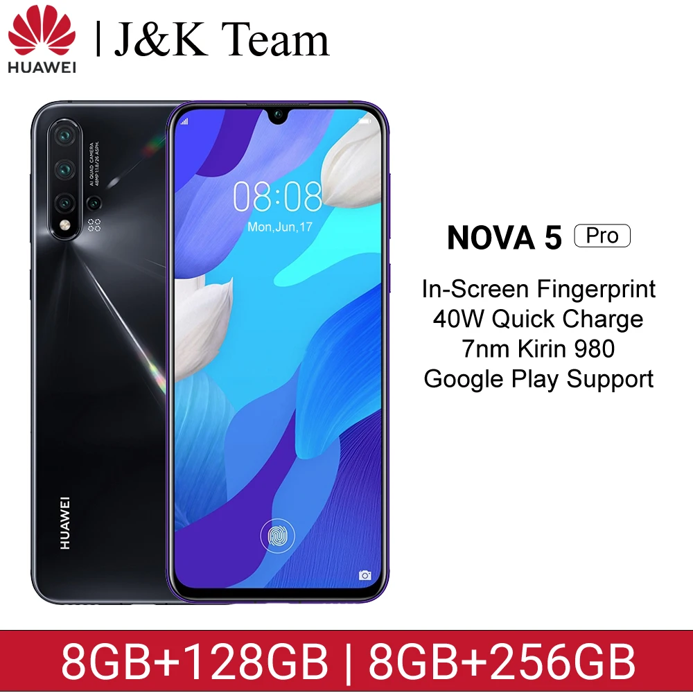 Huawei Nova 5 Pro мобильный телефон 48MP Quad Camera NFC Kirin 980 в экран отпечаток пальца 6 39 дюйма 40