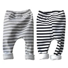 1 предмет, детские штаны на осень и зиму для маленьких мальчиков и девочек Теплые бархатные повседневные штаны в черно-белую полоску, одежда