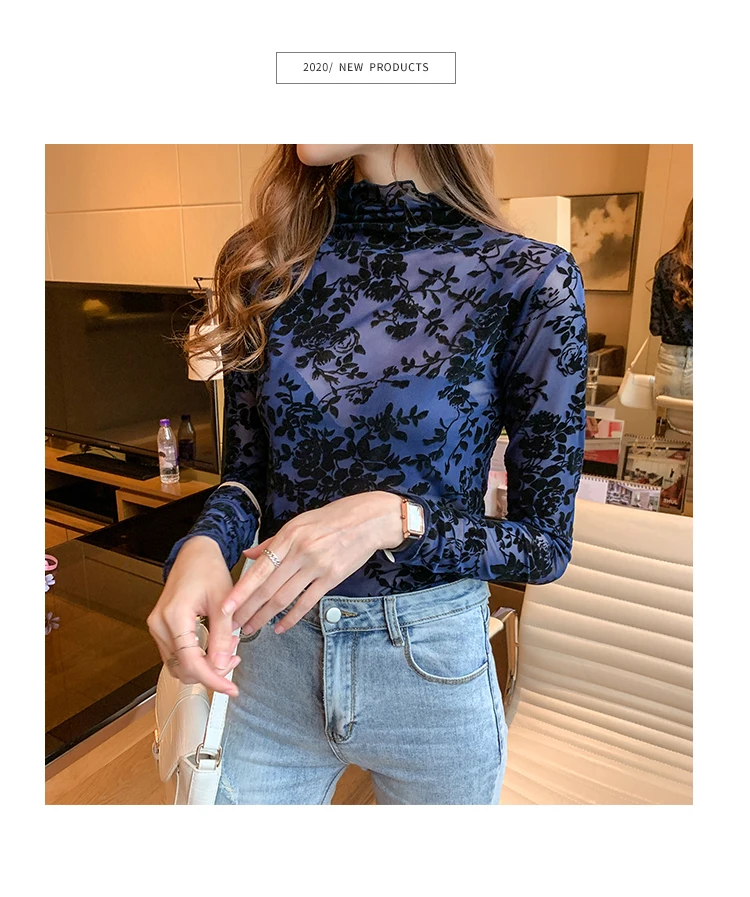 Korean Fashion Mesh Women Blouses Office Lady Shirt and Blouse Long Sleeve Floral Blusas Largas Loose Womens Sexy Tops