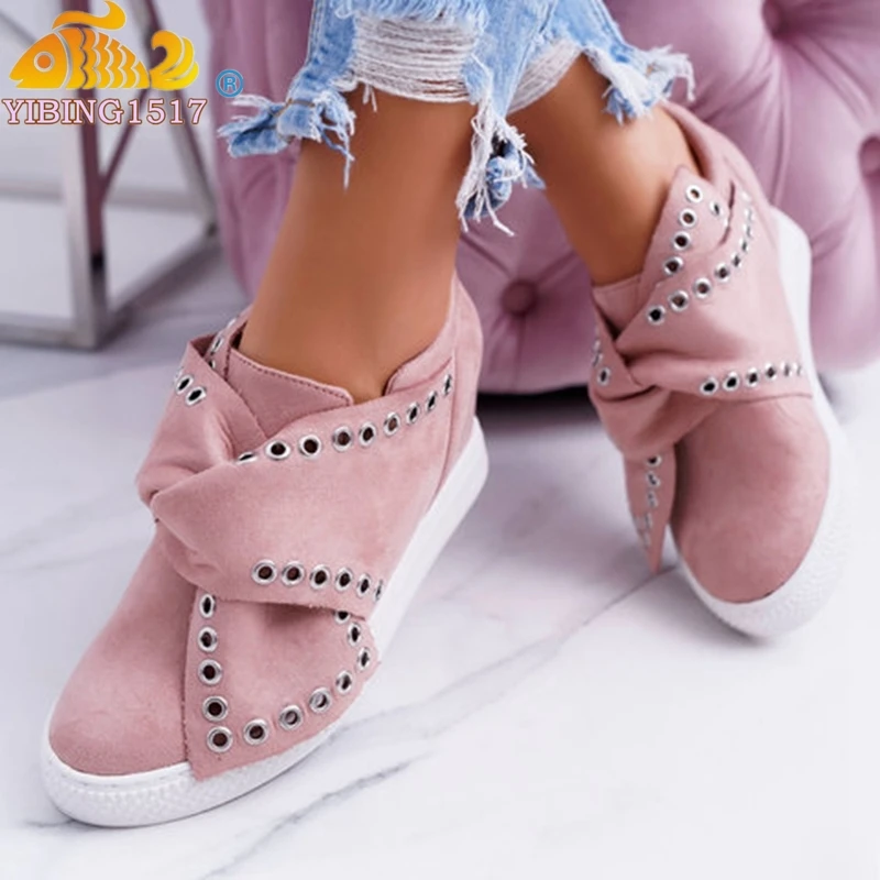 

MoneRffi 2019 Summer Women Sneakers Ladies Suede Bow Tie Slip on Comfort Vulcanized Shoes Female Increase In Flats Footwear