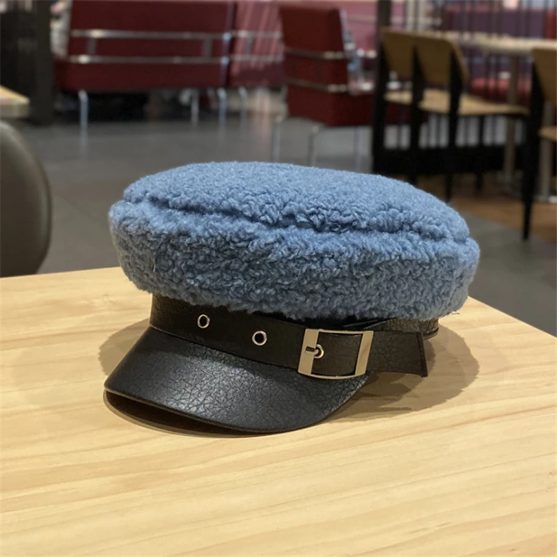 blue Женская осенняя и зимняя шапка из овчины восьмиугольная кепка из искусственной кожи берет Британский живописец газетная Кепка - Цвет: blue