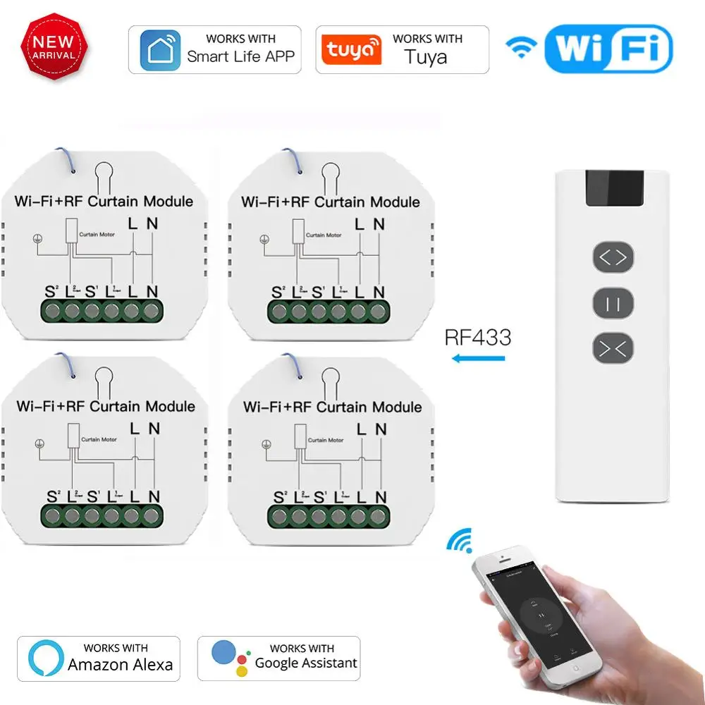 

Tuya WiFi RF Roller Blind Shutter Curtain Switch Module with Remote for Electric Motor Sunscreen Works with Google Home Alexa