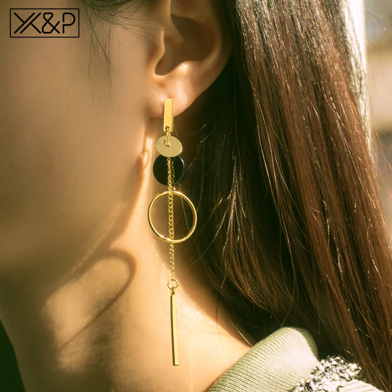 X& P новые модные круглые корейские серьги для женщин геометрические металлические акриловые золотые длинные серьги с кисточкой женские свадебные ювелирные изделия