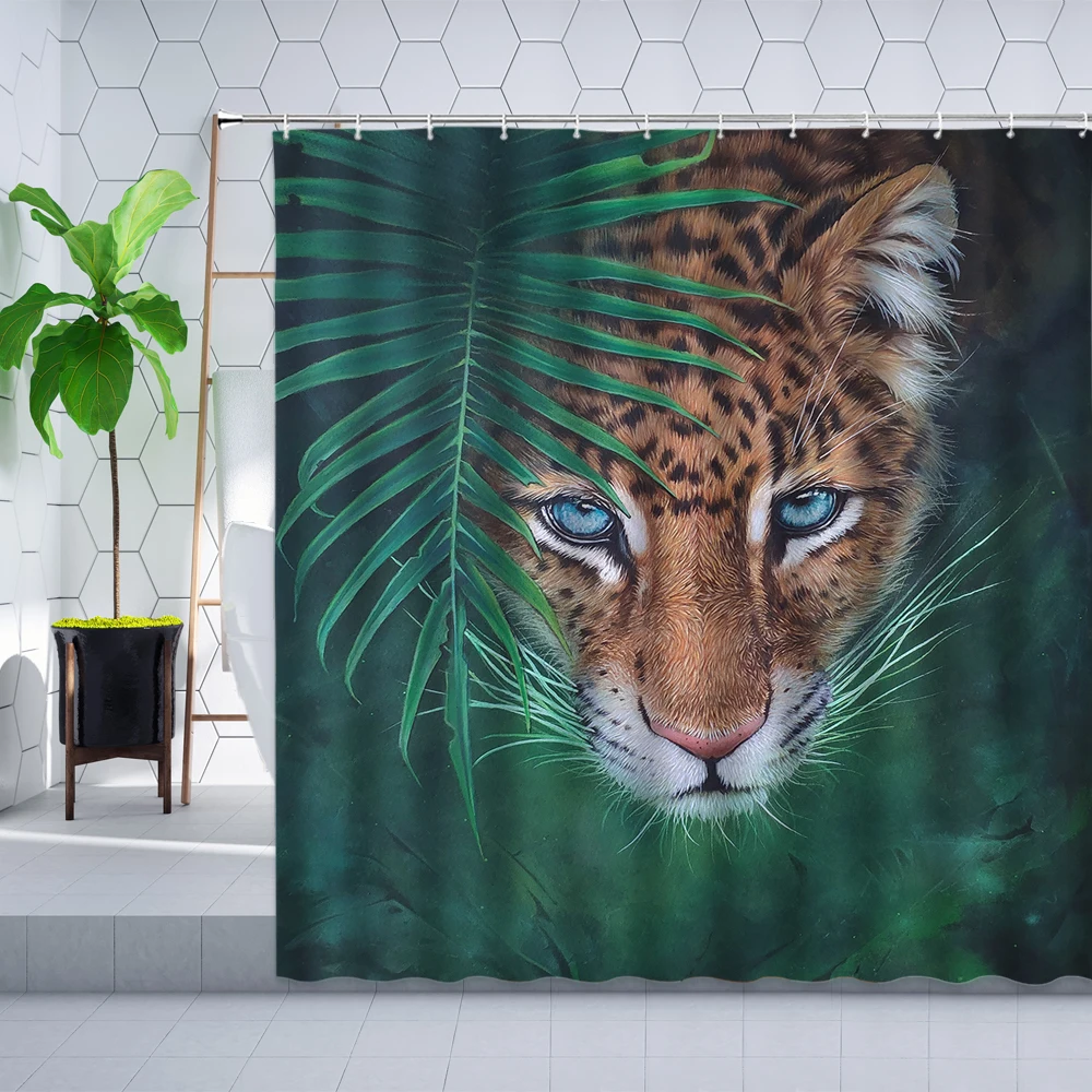 Leopard Shower Curtain Asian Wildlife Animal Tiger Green Tropical Palm