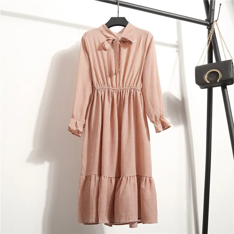 

Women Spring Autumn Dress Lady Fashion Casual Plaid Printed Long Sleeve Elastic Waist Bandage Dress Sweet Bodycon Dress Femme 5