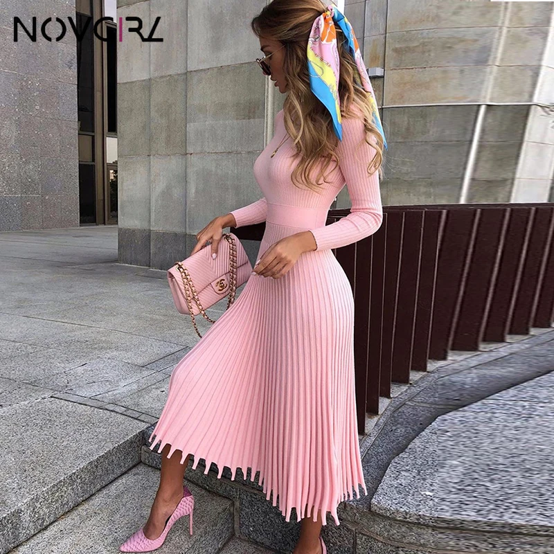 Novgirl трикотажное плиссированное платье миди для женщин осень зима длинный рукав с кисточками обтягивающее платье вечерние сексуальные платья джемпер - Цвет: Розовый