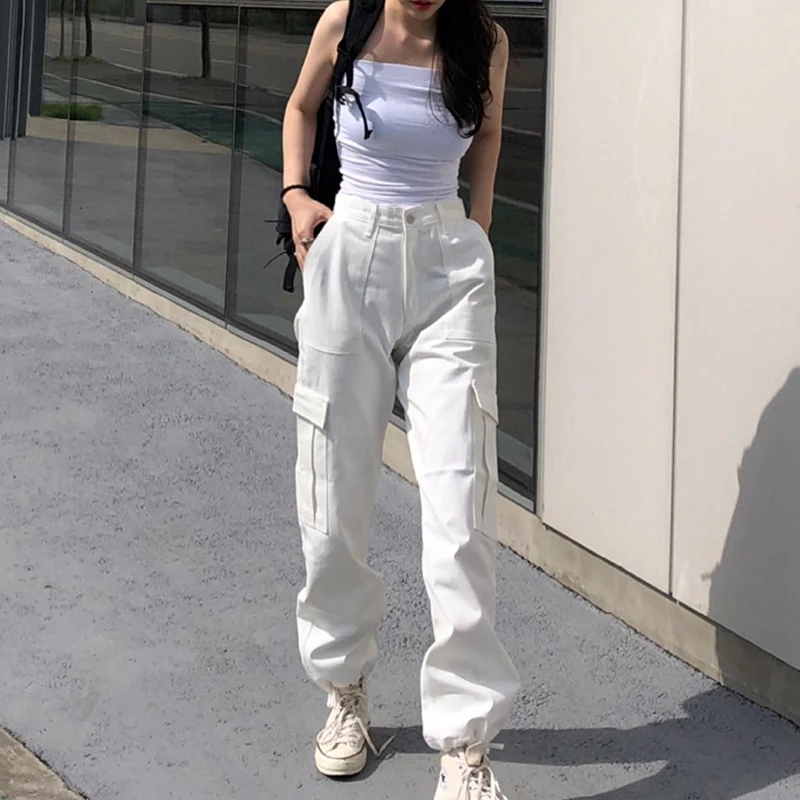 white women pants RealShe, женские штаны карго,, высокая талия, твердые карманы, свободные штаны, Весенняя Повседневная Уличная одежда, длинные брюки, женские, черные - Цвет: white women pants