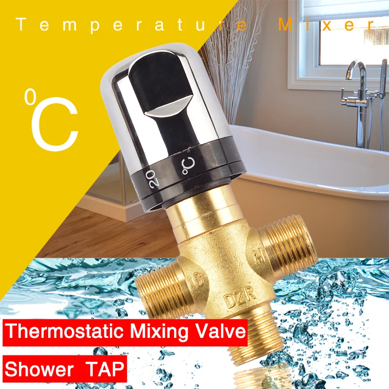 Baratos Válvula de mezcla termostática de latón grifo de baño Control de temperatura mezclador válvula termostática accesorios de mejora del hogar