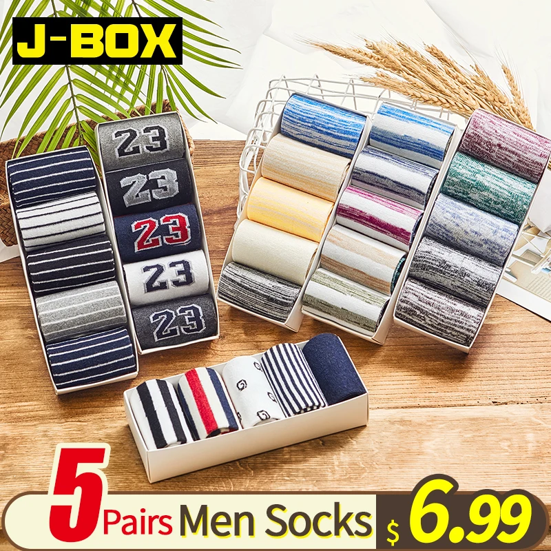 J-BOX, 5 пар/партия, мужские зимние носки, модные забавные короткие носки в стиле Харадзюку, хлопковые повседневные Полосатые Носки Happy Sox, подарок для мужчин