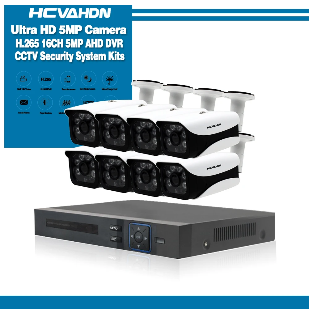 

5MP 16CH video surveillance kit 8CH DVR NVR cctv camera system 8PCS 5MP 6 array Leds Weatherproof CCTV Security Ultra hd camera