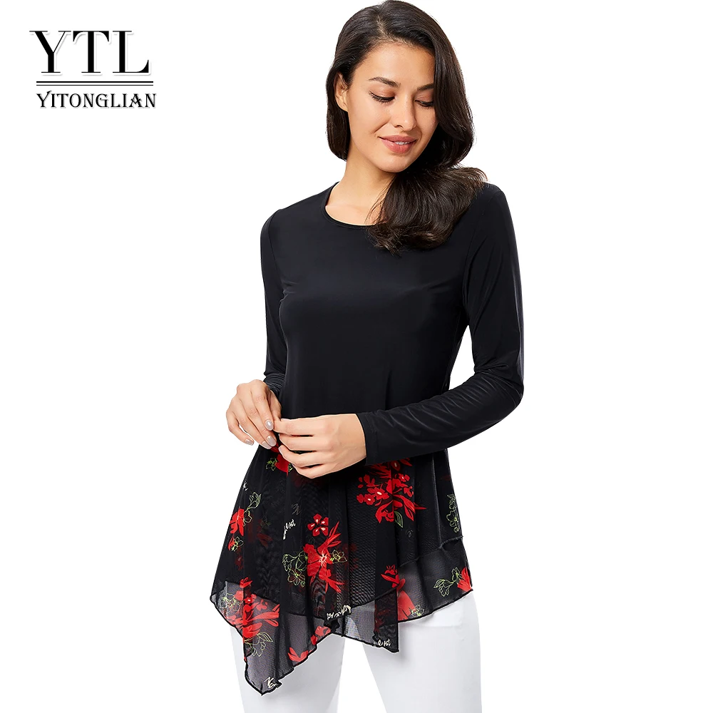 

Yitonglian Women Long Sleeve Tunic Tops Elegant Flower Print Irregular Layered Long Blouse Shirt Plus Size 6XL 7XL 8XL H349