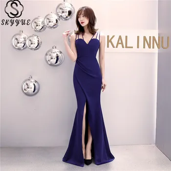 

Skyyue Evening Dresses Square Collar Floor-Length Eveing Gown Sleeveless Spaghetti Strap Robe De Soiree Pleat Formal Gowns C088