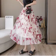 Womens Embroidery Big-Swing Skirt Elegant Pendulum Mesh Skirt Fashion Female Autumn Four Seasons Holiday Office Half-Long Skirt