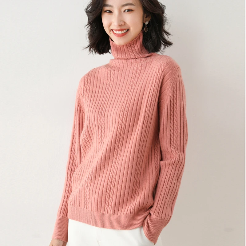 

Winter new Solid color Twisted flower cashmere sweater female Turtleneck sweater loose sweater bottoming sweater