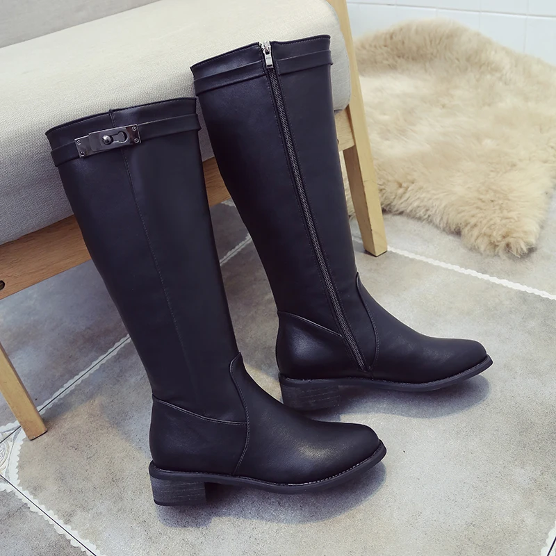 

Nice Pop Women Knee High Boots High Heels Winter Retro Style Black Zip Shoes Woman PU Leather Europe Female Casual Dress Boot