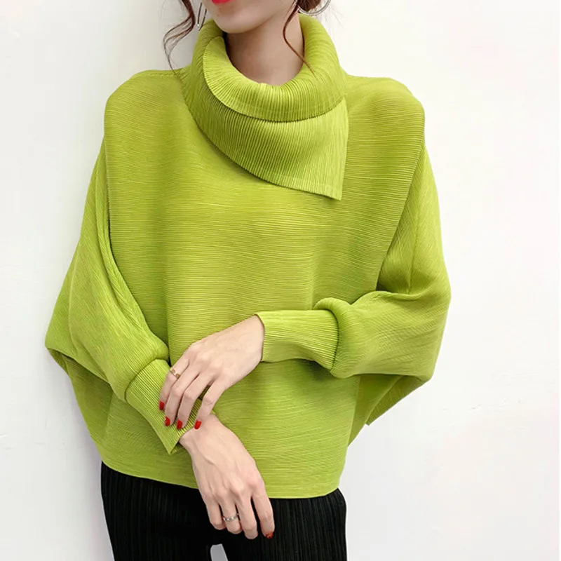 Однотонная плиссированная футболка с отворотом и длинным рукавом «летучая мышь» для женщин, винтажный свободный популярный пуловер, топы, весна-лето, новинка V087