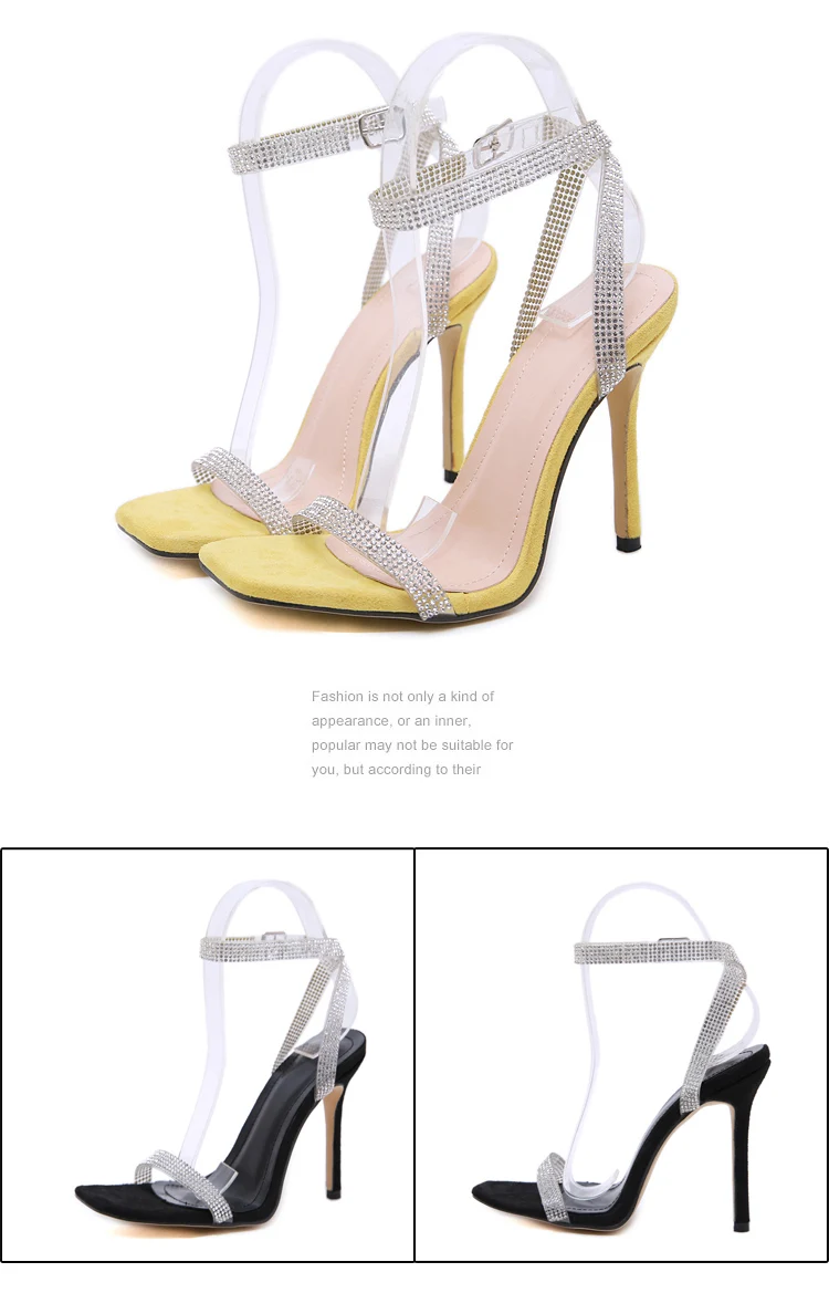 Aneikeh/ПВХ Для женщин на высоком каблуке; сандалии со стразами туфли-лодочки с завязками на лодыжках очень высокий каблук 11,5 см открытый носок Туфли с ремешком и пряжкой; женская обувь
