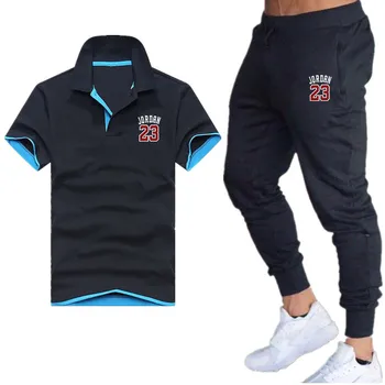 

Men's new summer short sleeve polo shirt pants two piece leisure running suit