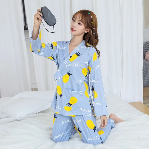 C JV lan bo luo Spring Autumn Women Pajamas Sets Long Sleeve V-neck Cute print Home Wear Lovely Sleepwear Send Eye Mask Girls Pijama mujer - Цвет: C JV lan bo luo