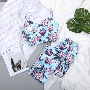 

Autumn Purple Rose Two Piece Set Top And Pants Summer Sexy Pajamas Pattern V-Neck Sleeveless Print Satin Pyjamas Women Sleepwear